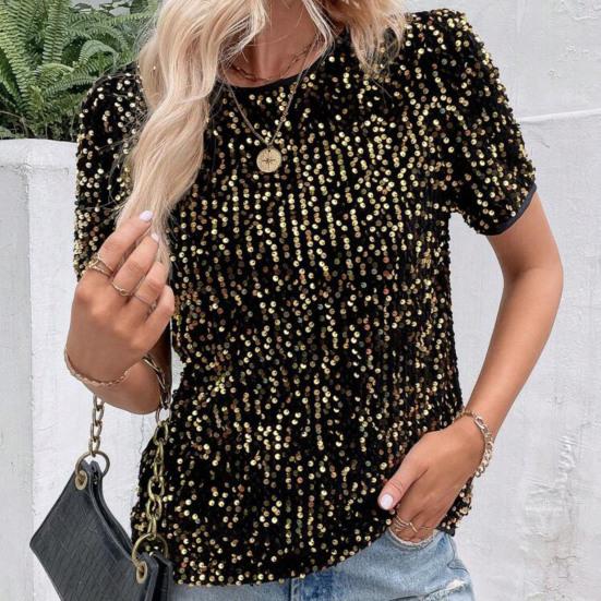 Yousheng женские топы с круглым вырезом и коротким рукавом, блестящие пайетки, украшенные футболки, стандартный крой, повседневная одежда