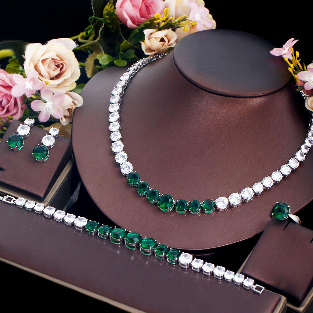 CMM 4PS Роскошный комплект свадебных украшений, ожерелье, кольцо, серьги, браслет, сапфировый цвет/рубиновый цвет, цирконий