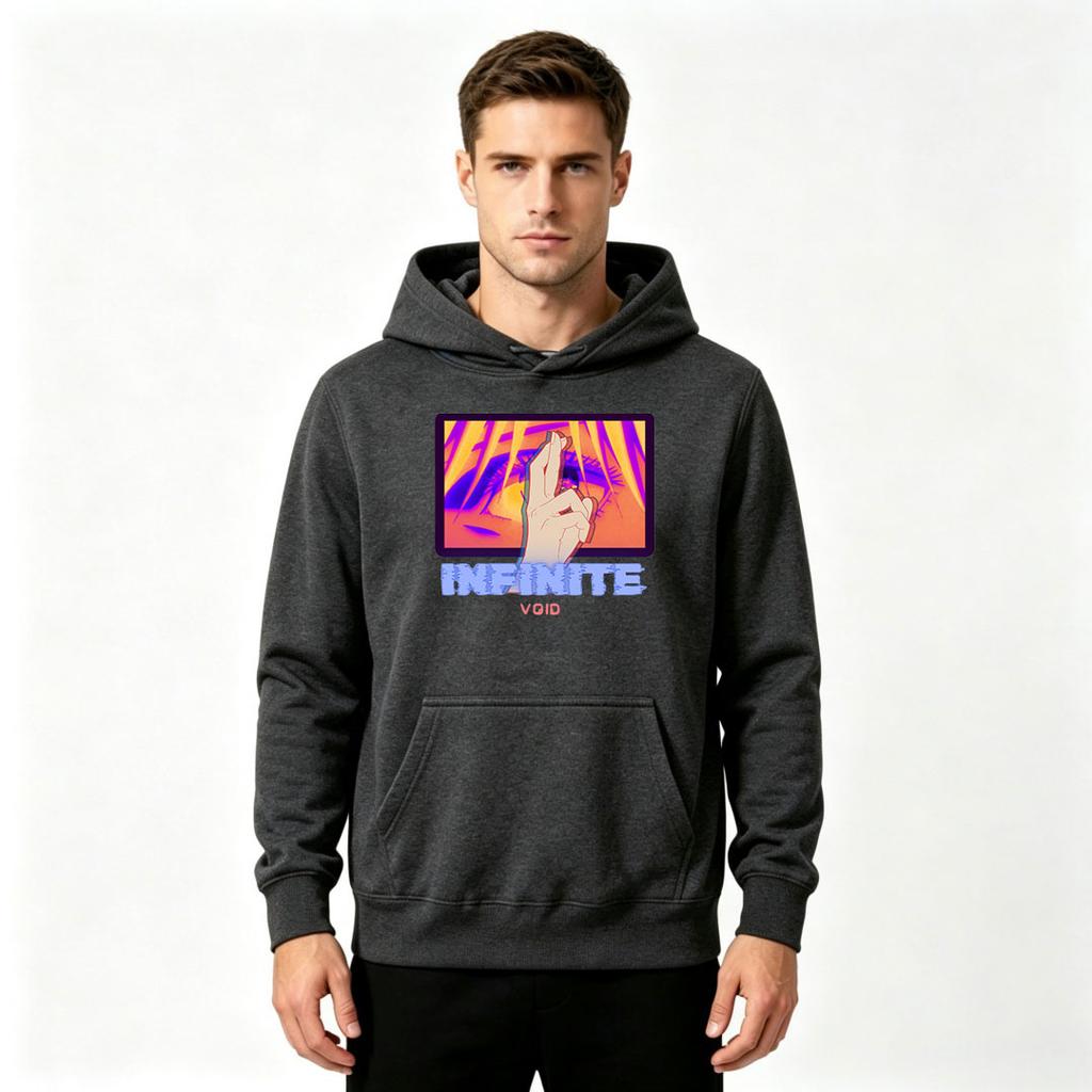 Men's Pullover Hoodie, Retro Vaporwave Anime Eye Hand INFINITE Print Casual Long Sleeve Sweatshirt for Daily Wear