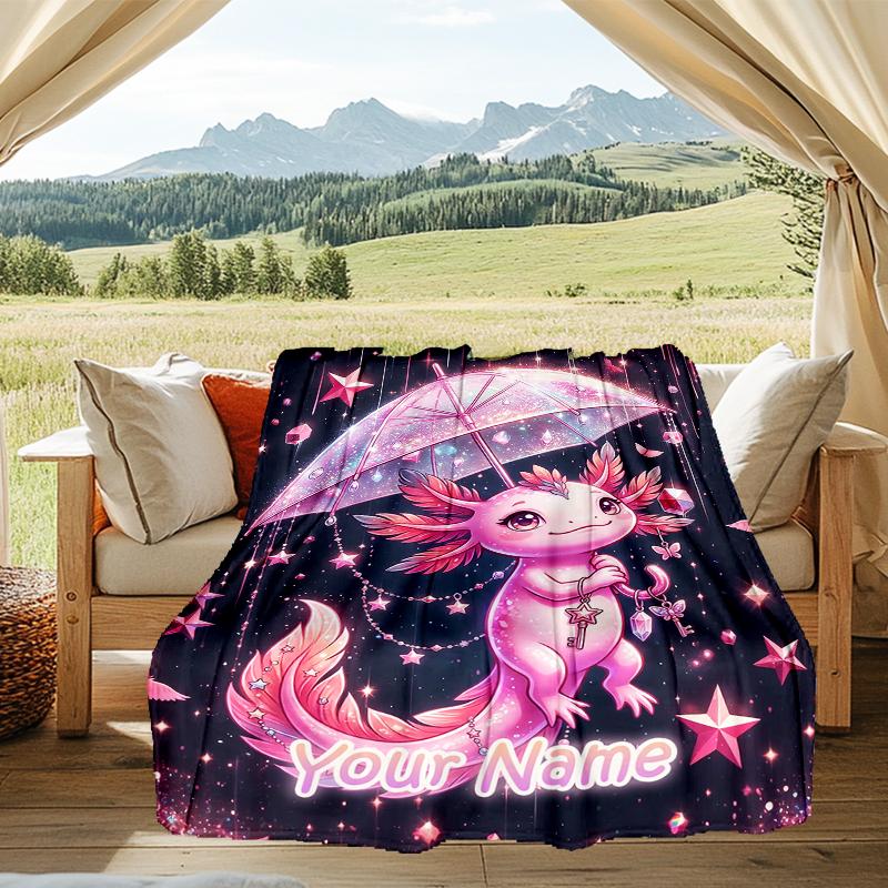 1PC Custom Name Fantasy Axolotl Umbrella flannel blanket versatile,all-season throw suitable for the living room,bedroom,camping,travel,and gift