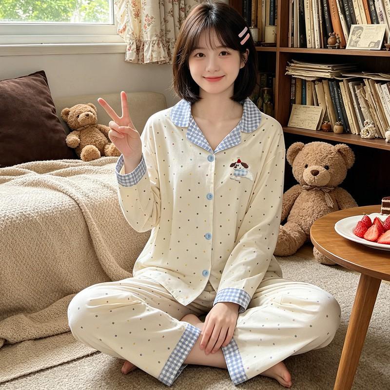 Cartoon Dog Pajama Set Women Cute Long Sleeve Loungewear Soft Home Sleepwear