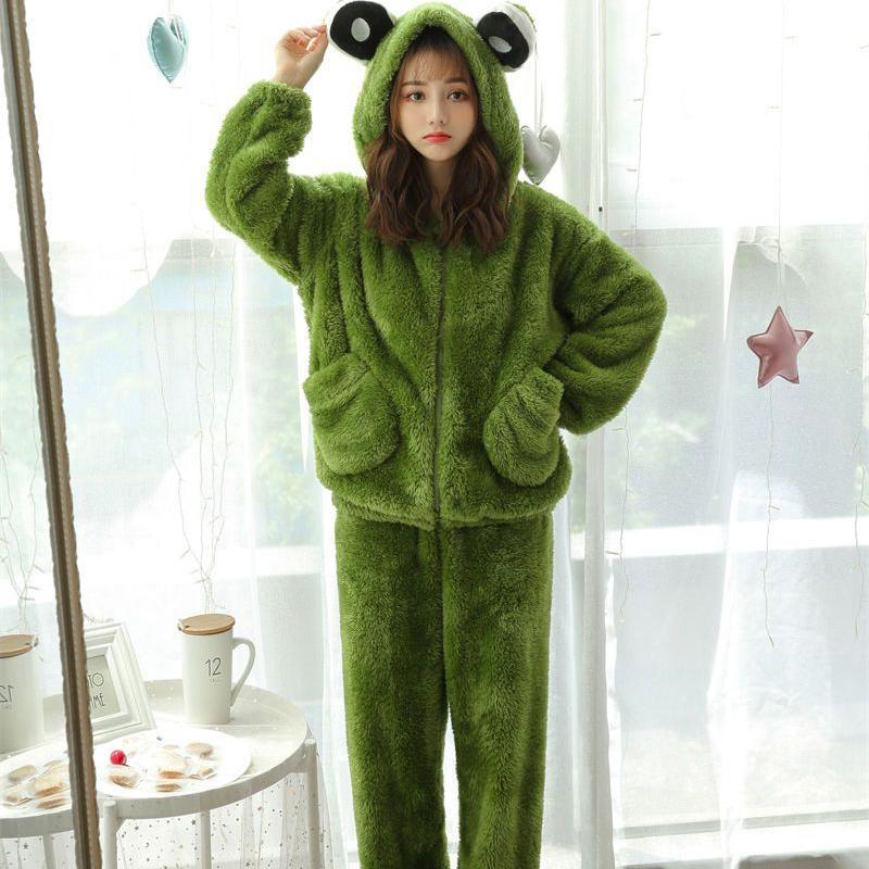 Women Winter Pajama Sets Hooded Flannel Cute Embroidery Oversized Winter Sleepwear Lounge Coral Velvet Patchwork Sweet Pockets Homewear