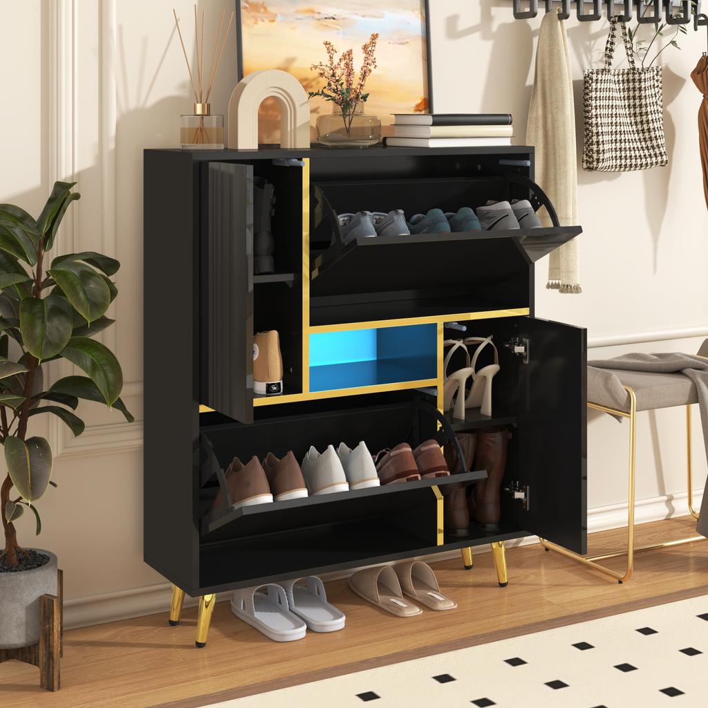Modern Shoe Cabinet, Black Shoe Cabinet with High-Gloss Front and 16-Color LED Light (80 x 25 x 96 cm)
