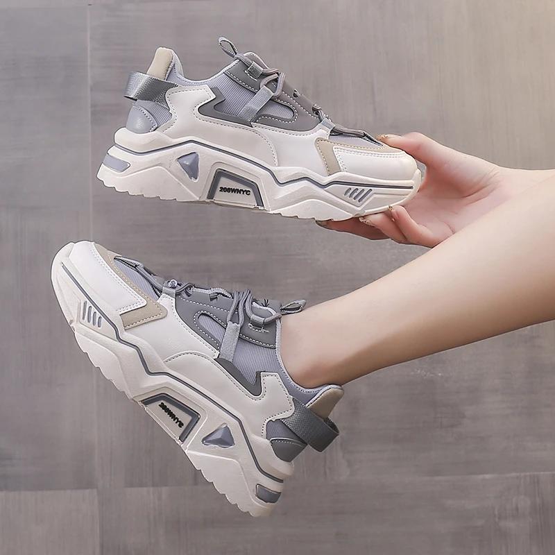 Новый стиль, дышащая, на толстой подошве, модная, спортивная и досуговая, студенческая обувь, подходящая по цвету, для женщин, кроссовки на платформе