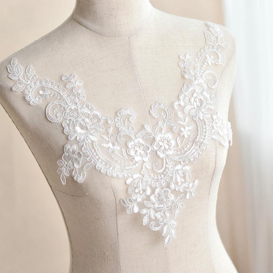 1 Pcs White Embroidery Sequins Flower Lace Neckline Collar Applique Sewing Lace Fabric DIY For Wedding Dress Clothing Accessories
