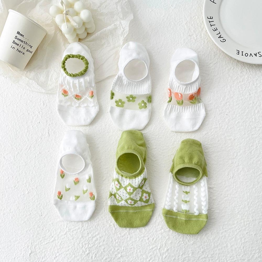 6 Pairs Women's Floral Mesh No-Show Socks Y2K Kawaii Lace Trim Breathable Ankle Socks With Harajuku Style Green Cute Boat Socks