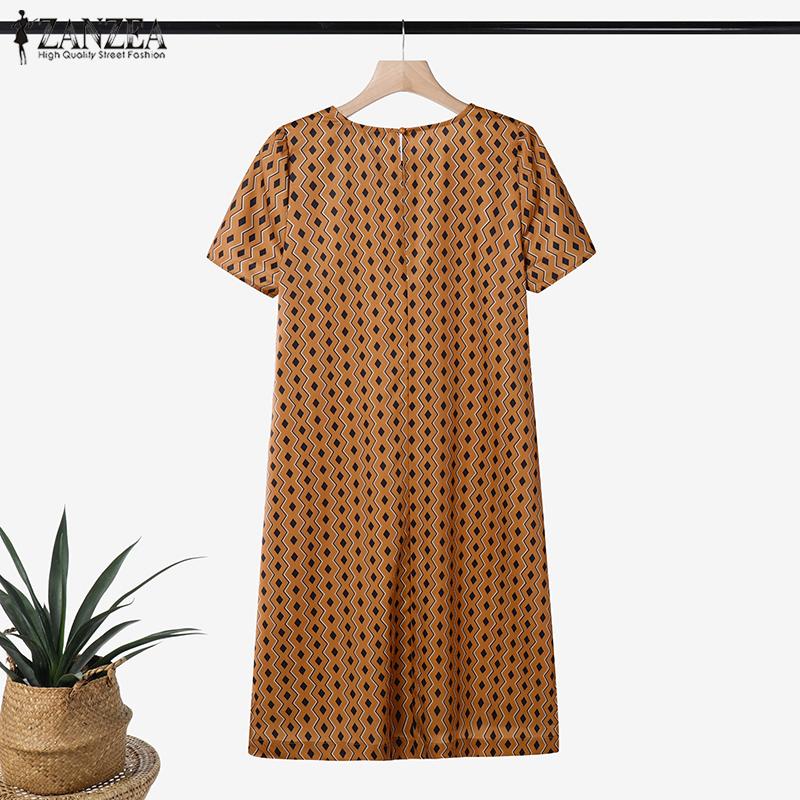 ZANZEA Женское повседневное платье с круглым вырезом и коротким рукавом в стиле ретро с принтом