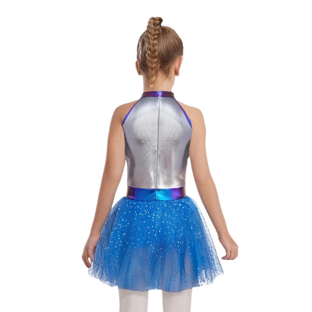 Girls Alien Costume Sequins Shiny Metallic Halter Sleeveless Built-In Crotch Press Buttons Briefs Mesh Tutu Dress