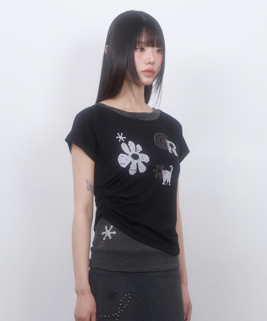 LMR Motif Embroidered Stripe Layered Short Sleeve T-Shirt Black Stripe