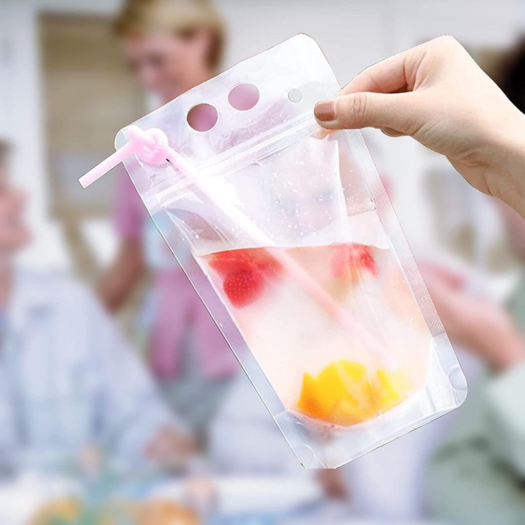 50 Pcs Drink Pouches Juice Bags Reusable Drink Cocktail Smoothies Pouches For Party Summer Fun Bags For Drink With 50 Straws