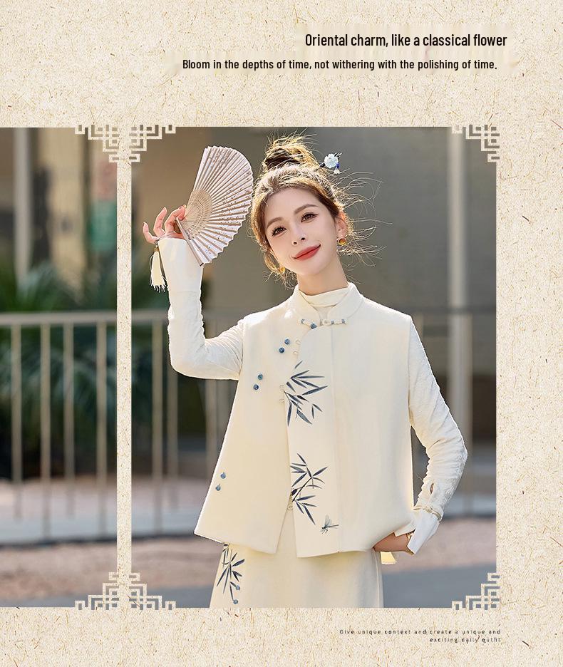 Весна 2025 Новый китайский стиль Жилет со стойкой и юбка-полусолнце Комплект из двух предметов Платье (ZM25201)