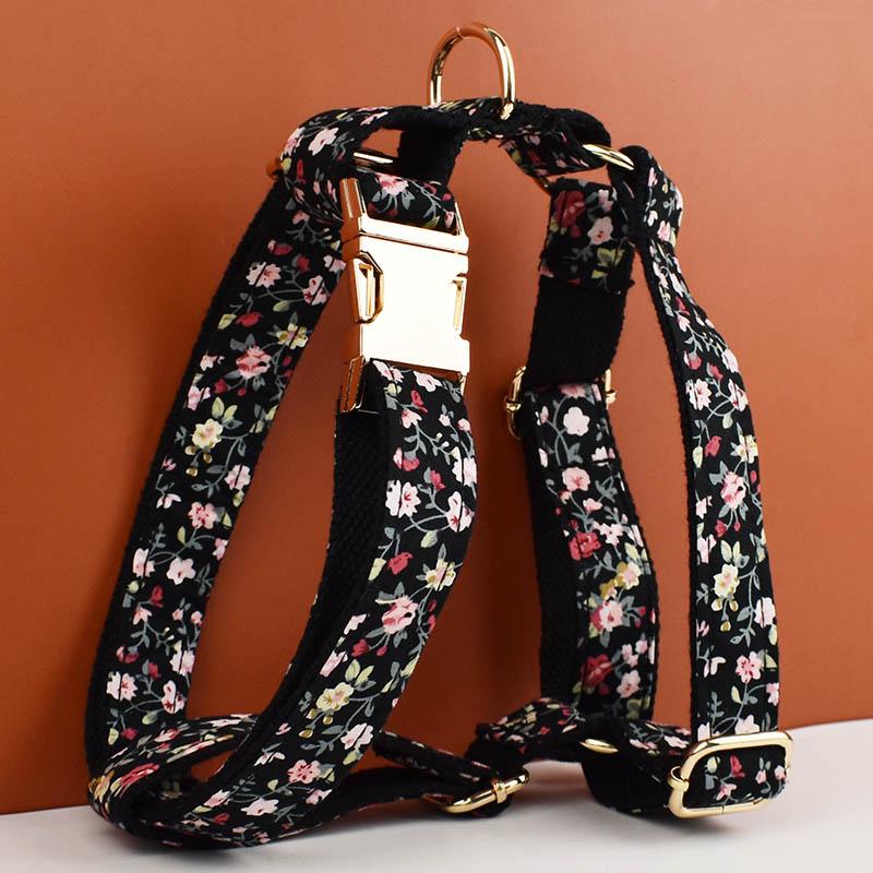 Black Floral Cotton Breathable Dog Harness And Leash Set Bowtie Pet Collar Leads Custom Name Pet Necklace