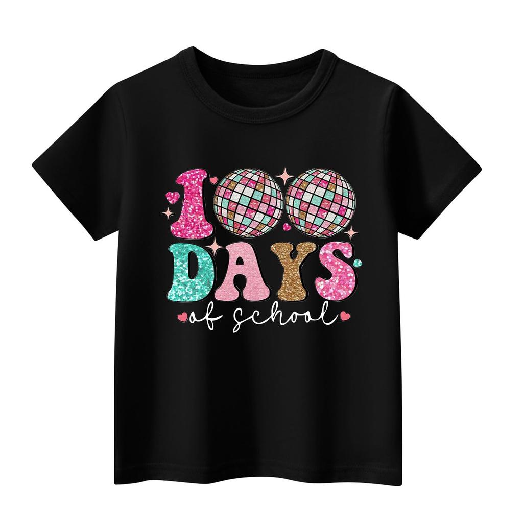 Happy 100th Day Of School Girls Boys Short Sleeve T Shirts Kids Tops Crewneck Tees