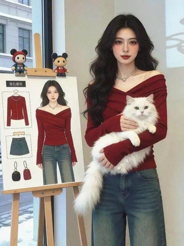 Plus Size Grey Cross-Neck Slim-Fit Knit Top for Women - Long Sleeve Spring Arrival, Slimming Inner Layer