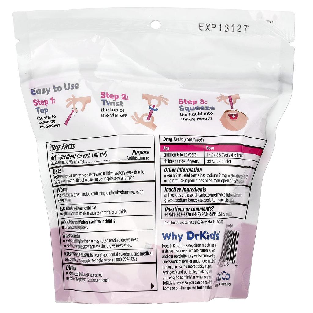 DrKids Allergy Relief, Ages 6-12, Mixed Berry, 24 Single-Use Vials, 5 Ml (0.17 Fl Oz) Each