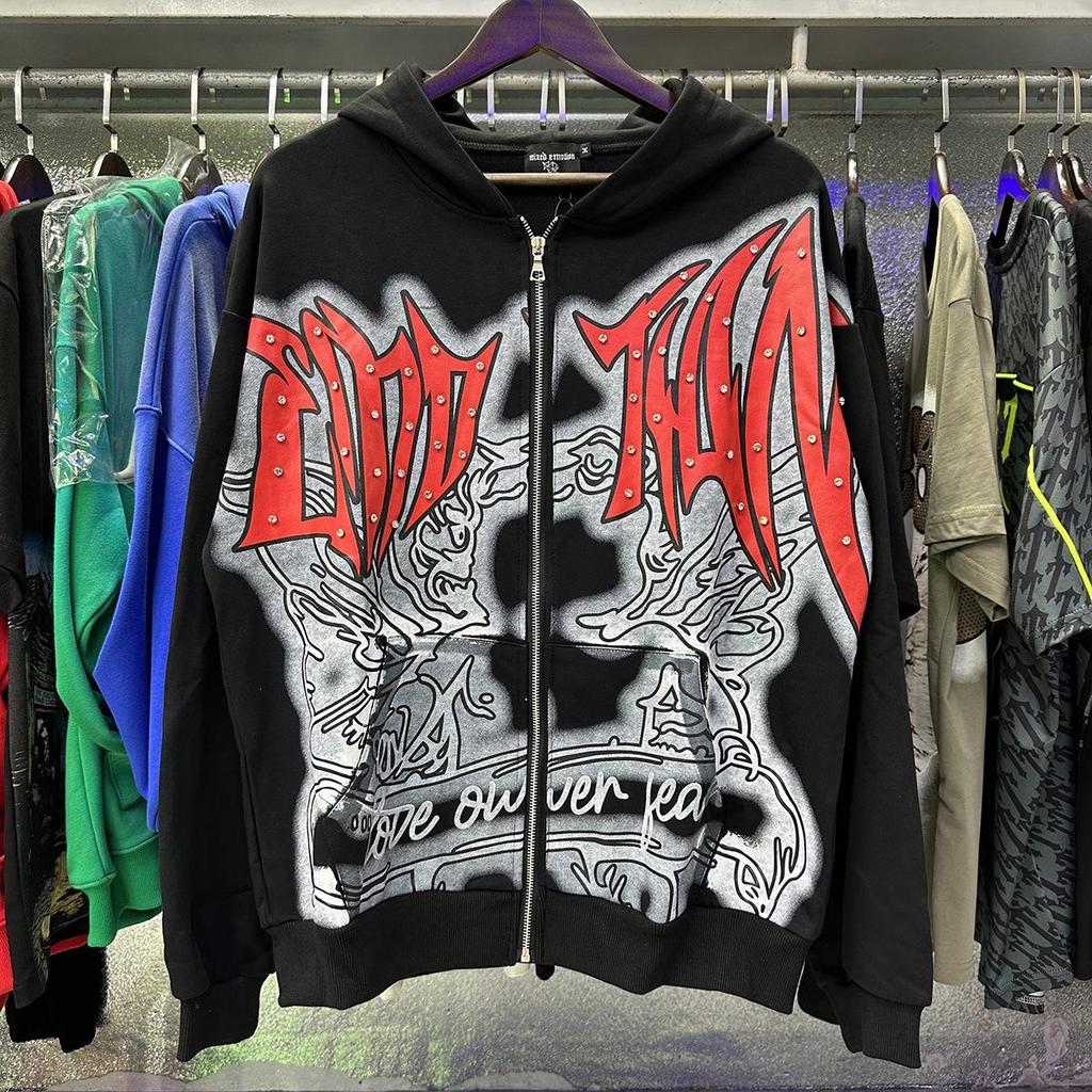 Кардиган-худи Streetwear с принтом из страз и букв «Смешанные эмоции»