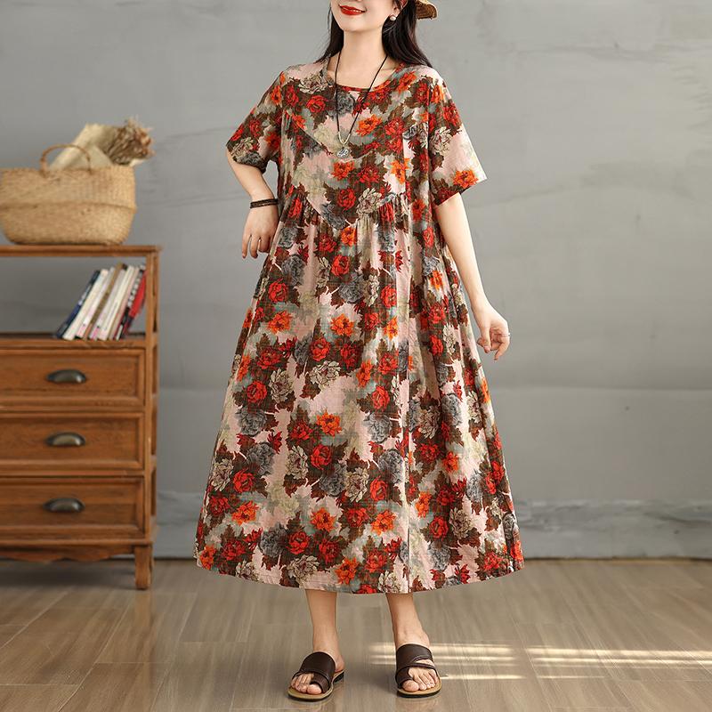 DIMANAF 2025 Women Plus Size Spring Summer Dress Casual Floral Dress Basic Vintage Loose Long Dress Maxi 9301