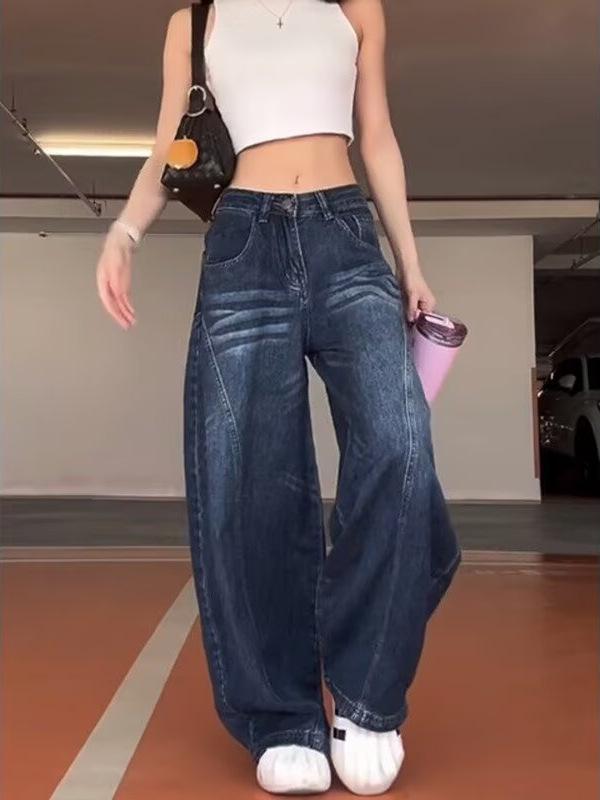 Женские американские джинсовые брюки wide-leg в ретро-стиле, длиной до пола, с эффектом потертости