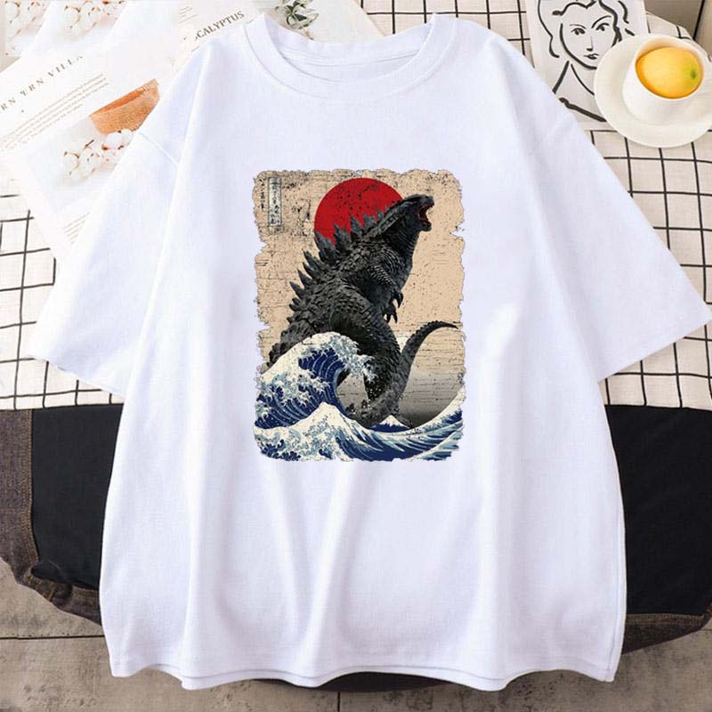 Футболки с коротким рукавом Уникальная японская футболка Godzillaed Great Wave Летняя женская мужская футболка с круглым вырезом из чистого хлопка унисекс