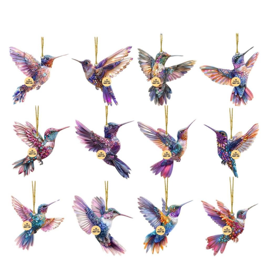 12 Pieces/set, Bright, Wooden, Hummingbird Pendant, 2D Flat, Fashionable Bird Decoration, Multiple Colors, Office Decoration