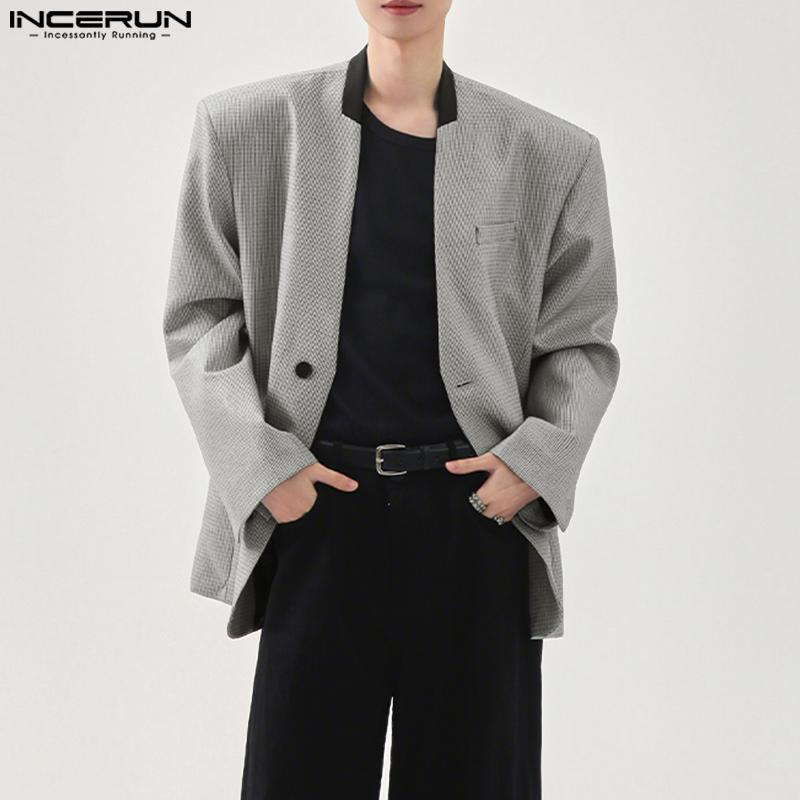 INCERUN Oversized Men V Neck Long Sleeve Plaid Print Casual Loose Thin Blazer Coats