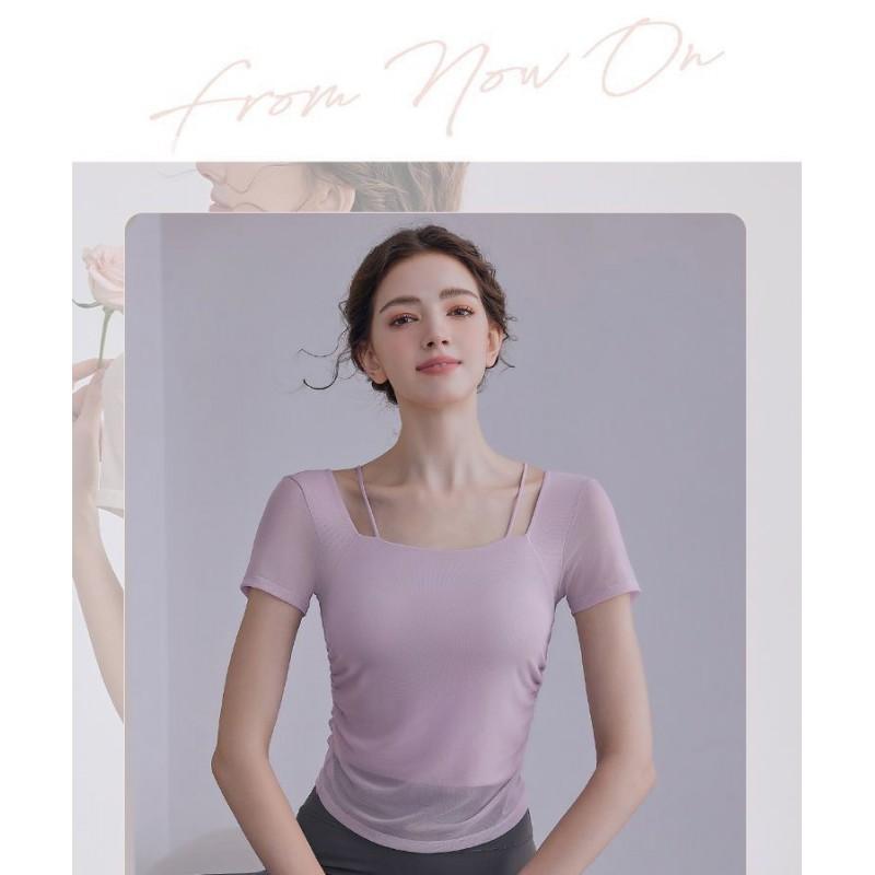 Womens Yoga Top With Built-in Bra Pad Short Sleeve Athletic T-Shirt Pilates Gym Fitness Running Dance