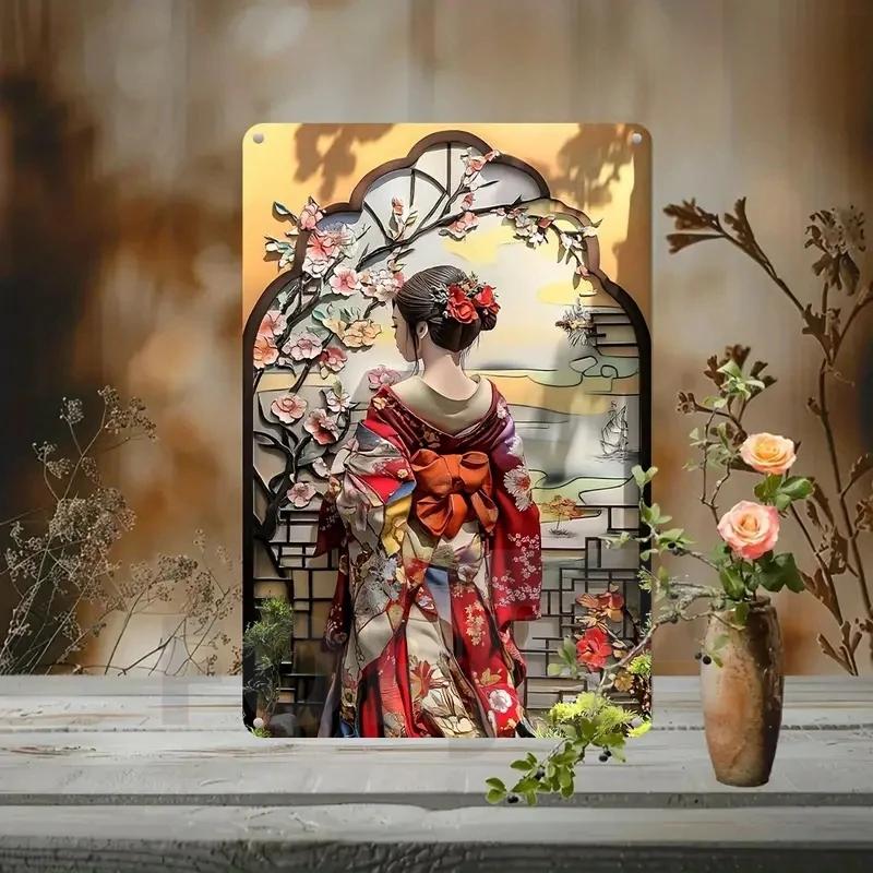 Японская гейша кимоно металлический знак, 2D элегантный японский постер с цветущей вишней, для дома, комнаты, офиса, идзакая, кафе, студии настенный декор