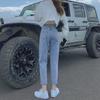 Женские регулируемые джинсы с высокой талией в корейском стиле с широкими штанинами - летние модные прямые шаровары с девятью точками