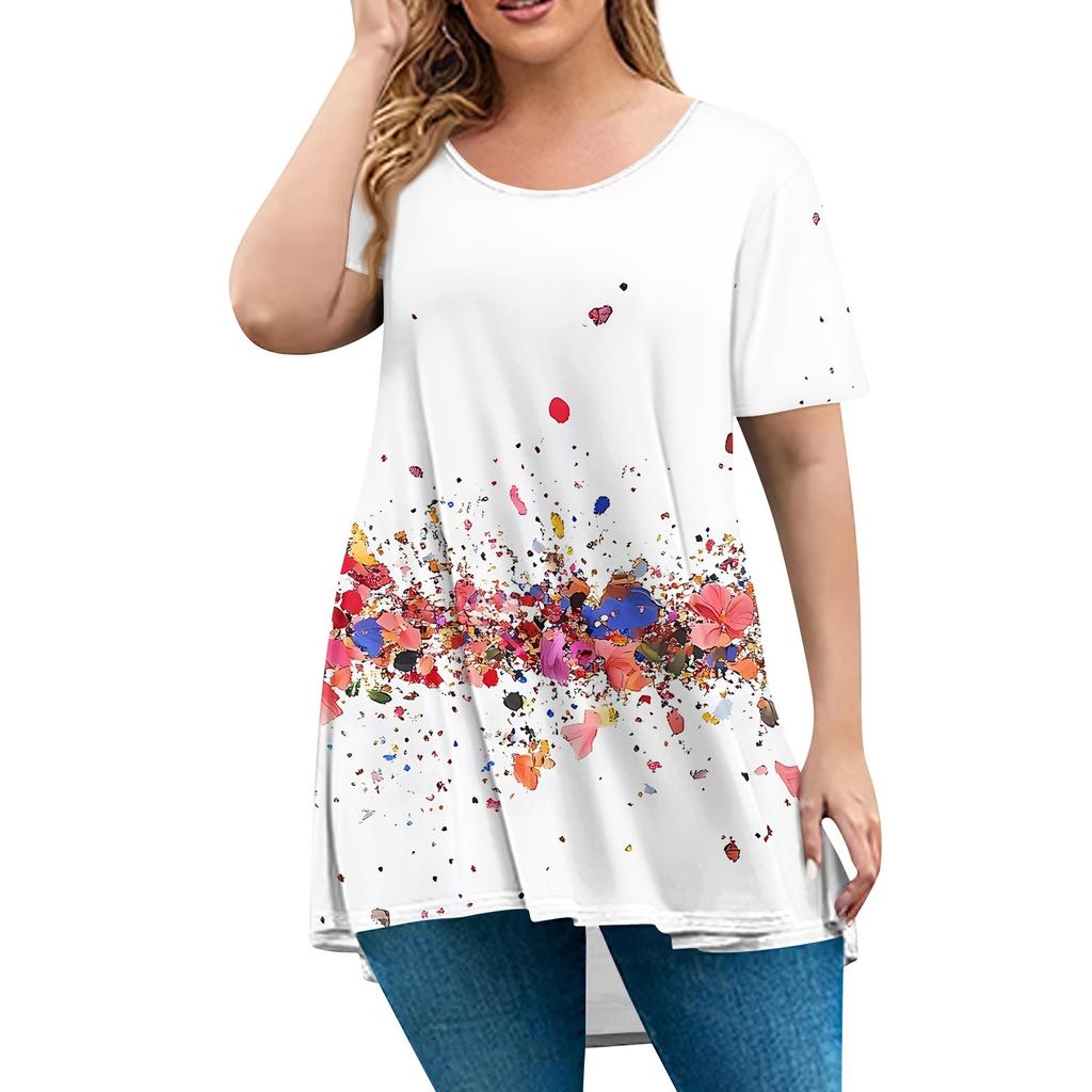 Женская мода большого размера с круглым вырезом и коротким рукавом, повседневный свободный пуловер с принтом