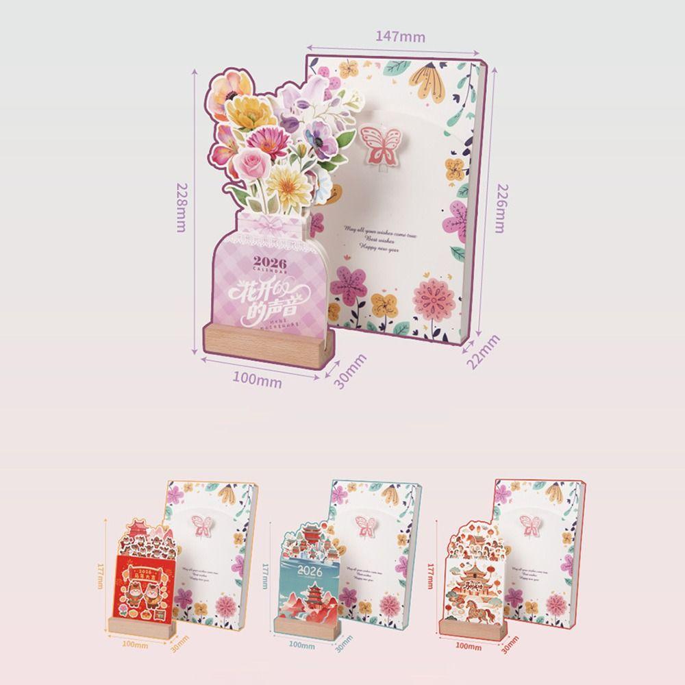 Detachable Base Bloomy Flowers Desk Calendar Wooden Base Monthly Planner for Table Desk Decor