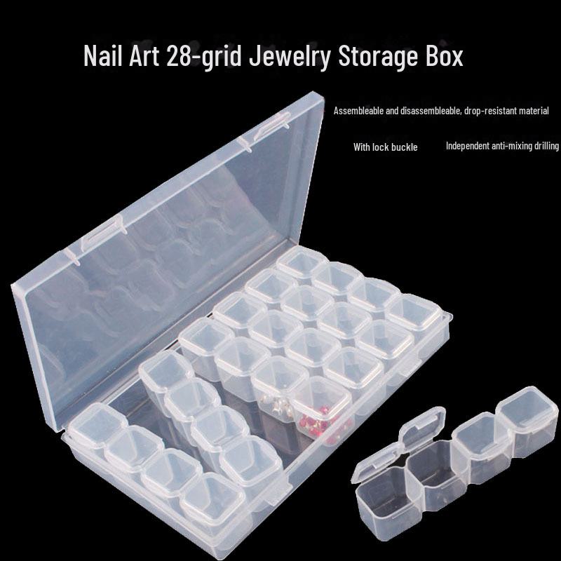 Small Jewelry Storage Box with 28 Grids, Perfect for DIY, Nail Art, Medicine & Accessories. Flat Bottom Diamond Plastic Design.