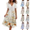 Women's Fashion Casual V Neck Short Sleeve Ruffled Vintage Printed Dresses