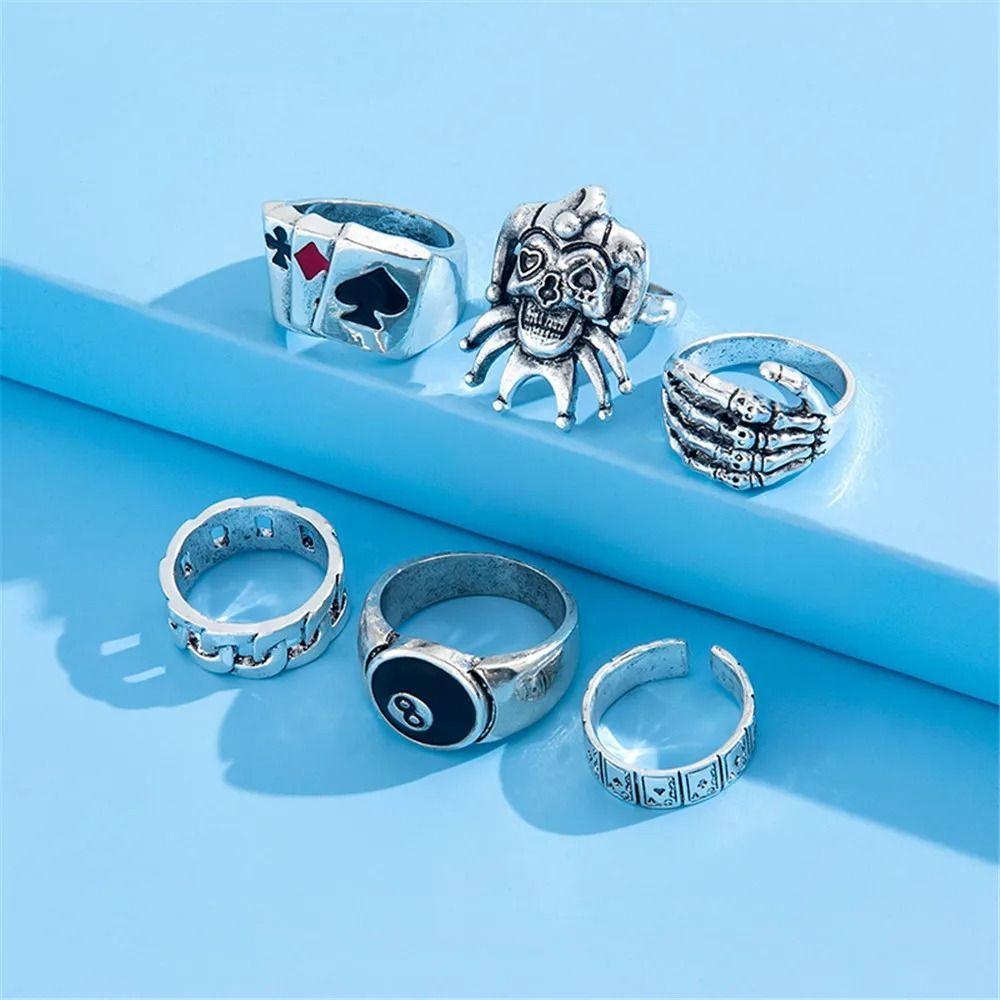6 Pcs Alloy Silver Color Rings Retro Style Skull Spider Combination Ring Poker Rings Set Man