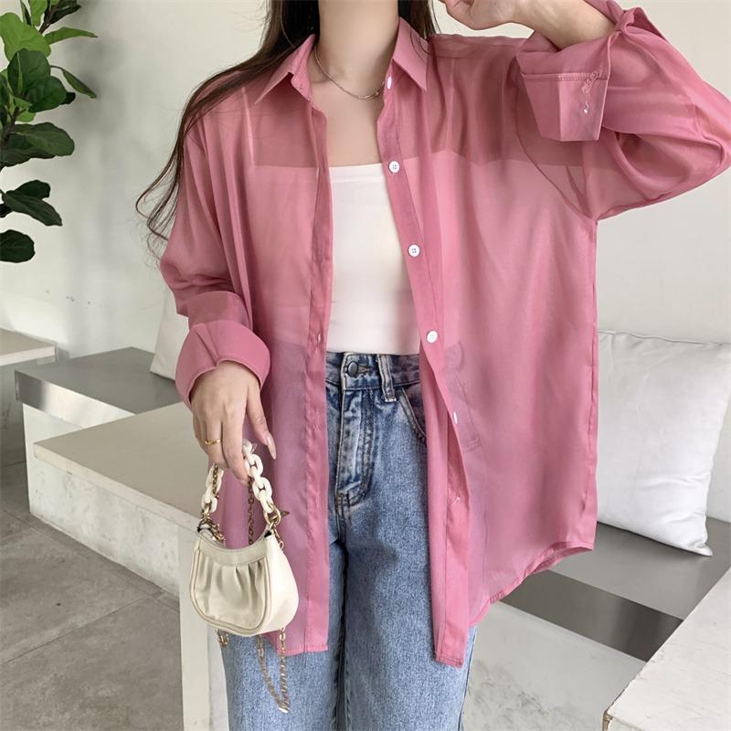 Back Split Lace-up Casual Loose Shirts Women Fashion New See Through Long Sleeve Women's Blouses Thin Breathable Sun Protection Office Lady Tops 26108