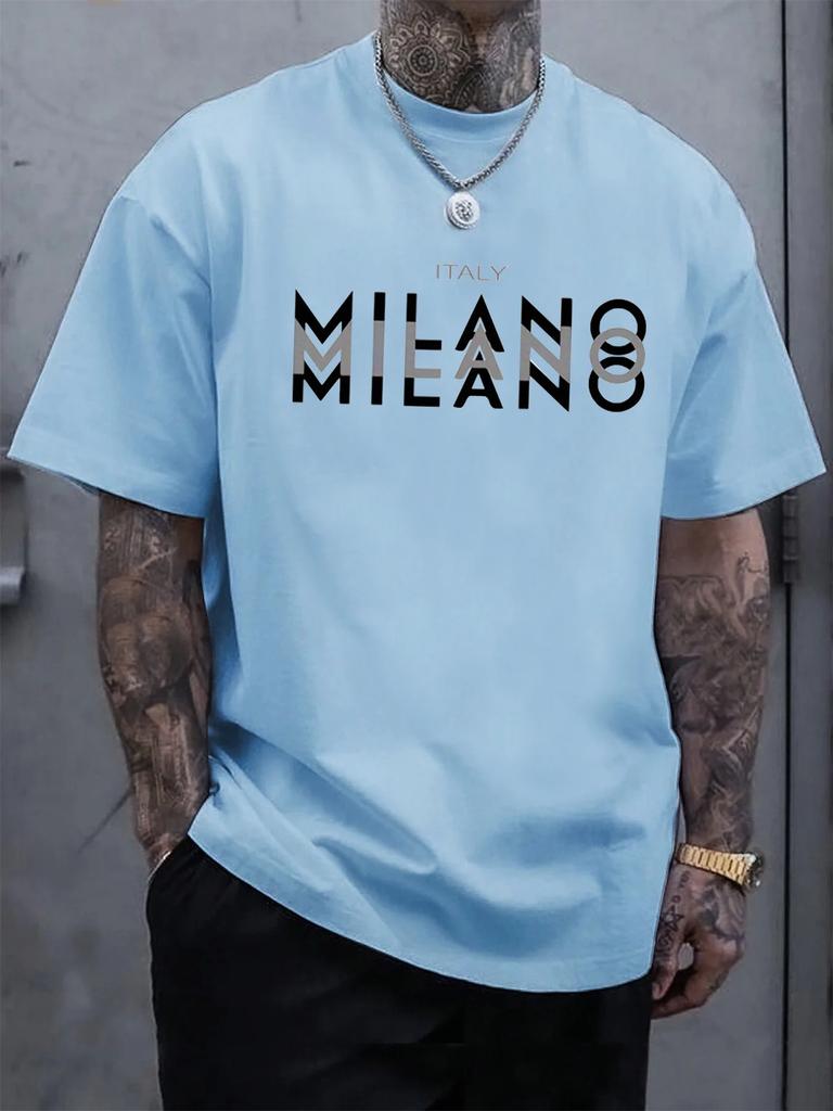 2025 Summer Men's 100% Pure Cotton Italian Milan Pattern Printed Comfortable Round-neck Short-sleeved T-shirt Top