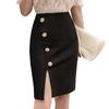 Summer New Button Split Short Skirts High Waisted Elastic Professional OL Women's Patchwork Zipper Bag Black Wrap Hip Half Skirt