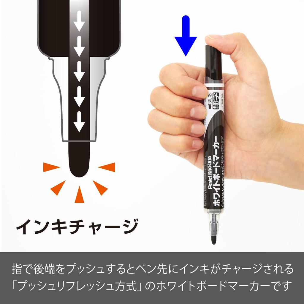 Pentel Whiteboard Marker Round Fine 10 pens Knockle, Tip, Point, EMWLS-A, Black,