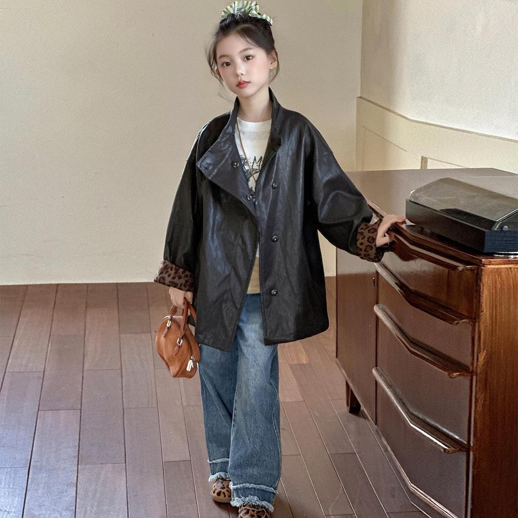 Кожаная куртка средней длины для девочек 2025 - Стильное осенне-весеннее пальто для модных девочек-подростков