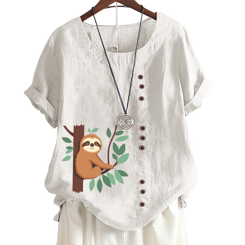 Женская хлопково-льняная повседневная футболка с милым животным принтом, круглым вырезом и короткими рукавами, украшение на пуговицах, S-5XL