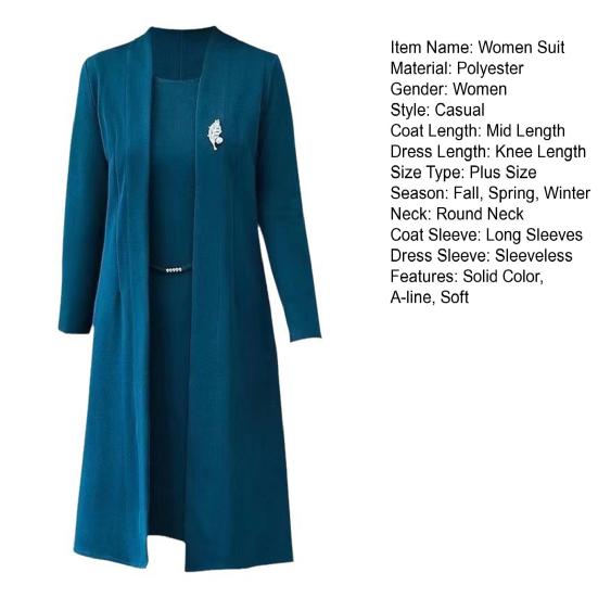 2 шт./комплект женский пальто платье костюм длинный рукав средней длины однотонный пиджак без рукавов круглый вырез А-силуэта миди платье плюс размер формальный деловой стиль