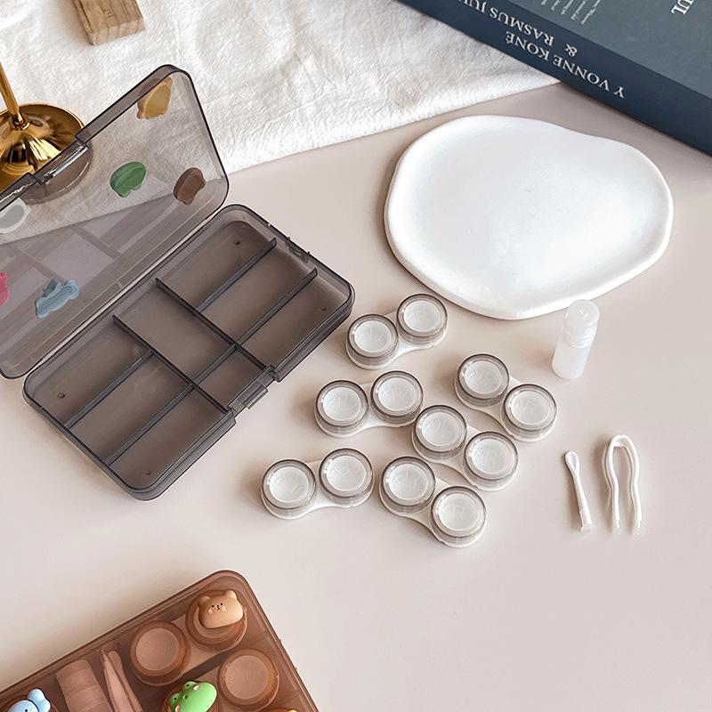 Dark Colored Multi Pair Contact Lens Case Diy Six Pairs Storage Box With 6 Double Containers Bottle Tweezers Travel Organizer