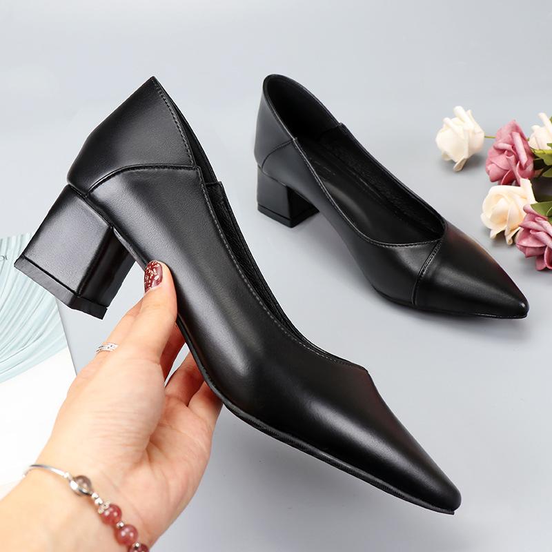 Толстый каблук черные туфли на среднем каблуке из кожи рабочая обувь женская обувь одинарные туфли