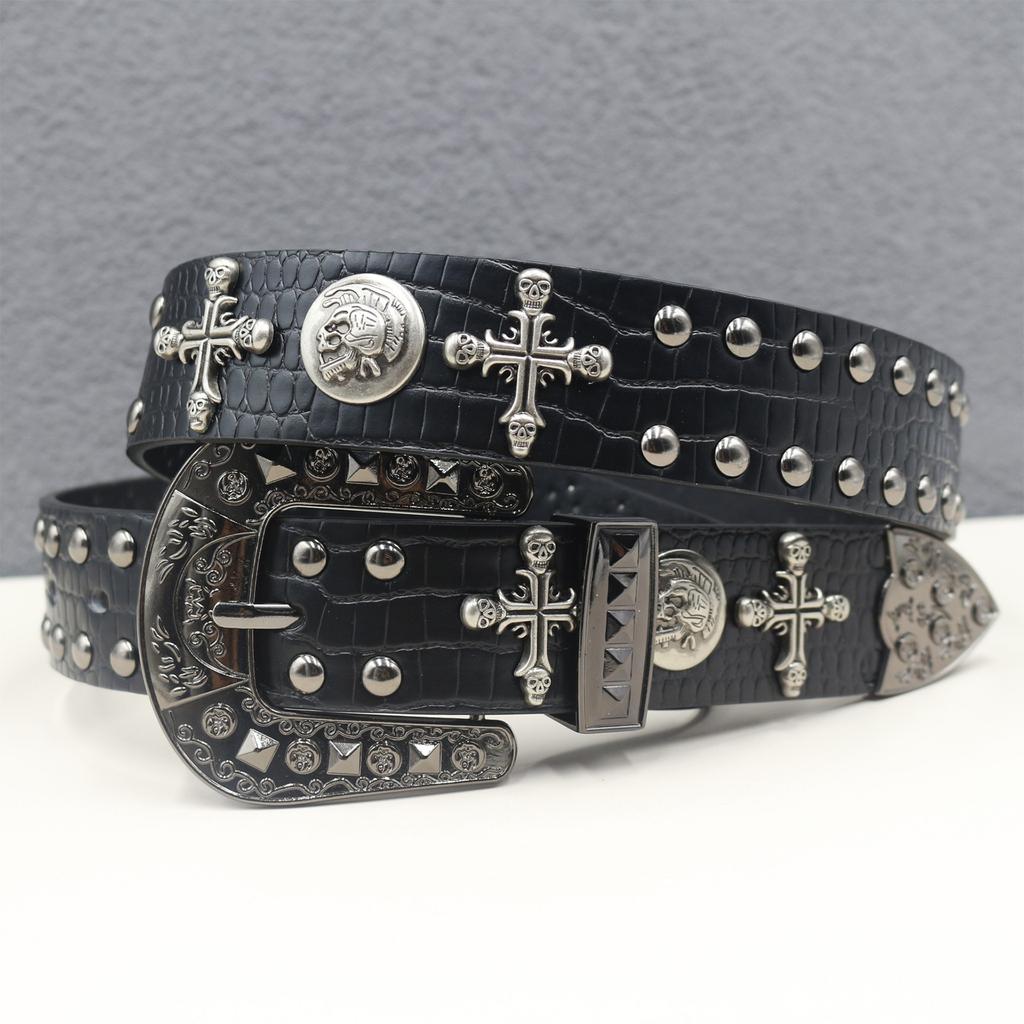 Crocodile Pattern American Western Rivet Cross Skull Rivet Strap Punk Men's Belt Women