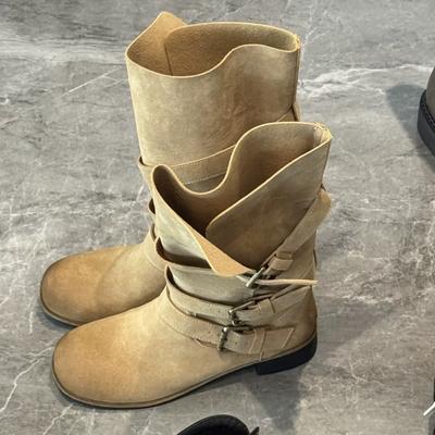 Версия из овчины~ полированная пряжка ремня круглый носок ботинки Мартина средней высоты женские на толстом каблуке складные два способа носки ковбойские сапоги в западном стиле