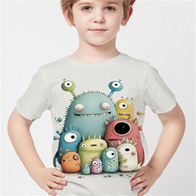 Повседневные футболки с короткими рукавами и 3D принтом мультфильма «Забавный монстр» для мальчиков, удобные летние уличные модные топы для мальчиков и девочек