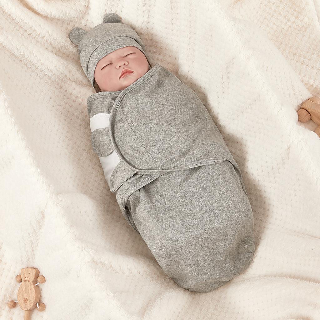 Baby Blanket Hat Set Cartoon Printed Cotton Newborn Swaddle Adjustable Infant Sleeping Swaddle Wraps All Seasons 0-6 Months