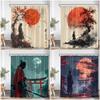 Japanese Samurai Shower Curtain Red Full Moon Cherry Blossom Bathtub Decorative Polyester Shower Curtain with Hook 120x180cm