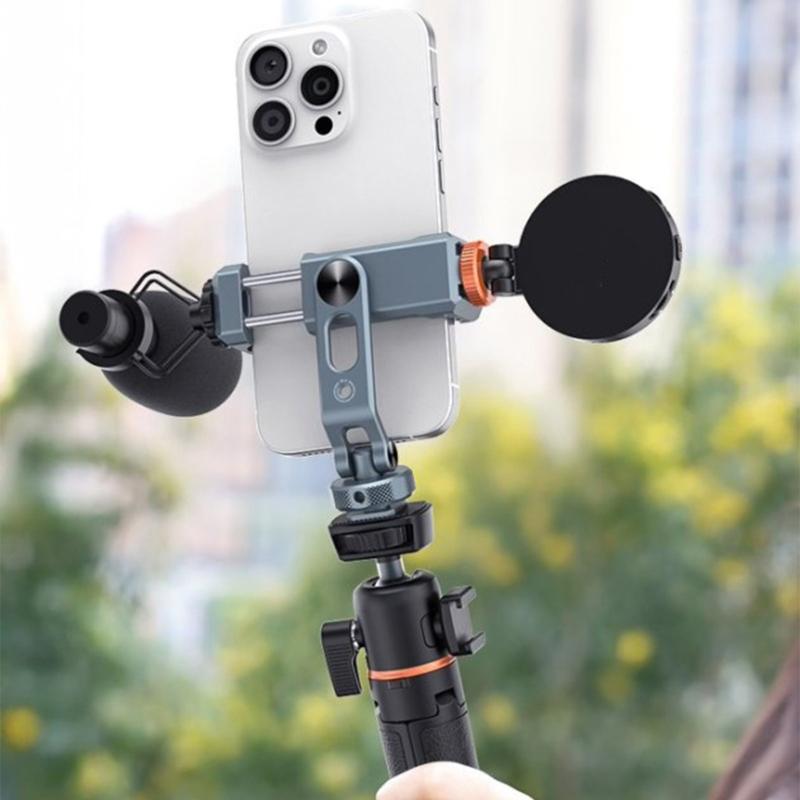 Улучшенный зажим для телефона с вращением на 360°, двойным слотом для холодной вспышки и резьбой 1/4. Подходит для телефонов (любая ОС) и DSLR-устройств.