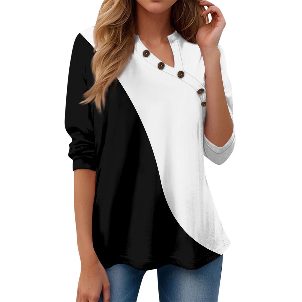 Женская футболка с принтом и пуговицами, длинный рукав, повседневная мода для выходных, пуловер с v-образным вырезом, топы