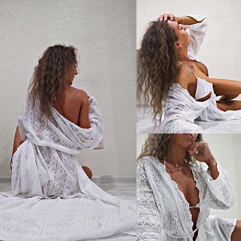 Белое кружевное сексуальное платье с открытым передом, летнее пляжное платье размера плюс, туника с высокой талией и поясом, женская пляжная одежда, длинное платье Q1301